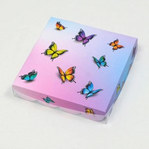 Коробка для печенья, кондитерская упаковка, "Бабочки в небе", 15 х 15 х 3 см