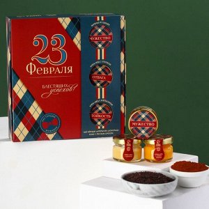 Подарочный набор «Блестящих успехов», чай 50 г., кофе 30 г., крем-мёд со вкусом хлопка и аплельсина 30 г., варенье из шишек 30г.