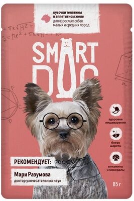 Влажный корм Smart Dog Паучи для взрослых собак малых и средних пород кусочки телятины в аппетитном желе . 0.085 кг. Россия