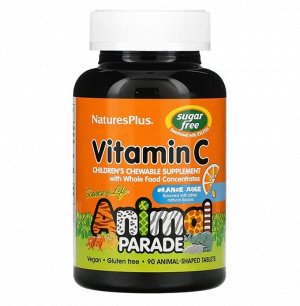 Animal Parade, витамин C, жевательная добавка без сахара для детей, вкус натурального апельсинового сока, 90 таблеток в форме животных