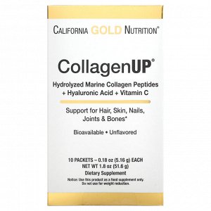 California Gold Nutrition, CollagenUP, гидролизованные пептиды морского коллагена, гиалуроновая кислота и витамин C, с нейтральным вкусом, 10 пакетиков по 5,15 г (0,18 унции)