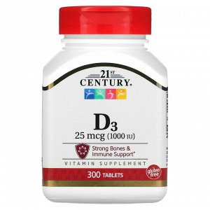 21st Century, Витамин D3, 25 мкг (1.000 МЕ), 300 таблеток