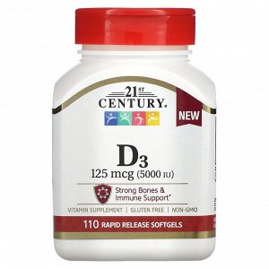 21st Century, витамин D3, 125 мкг (5000 МЕ), 110 капсул быстрого высвобождения