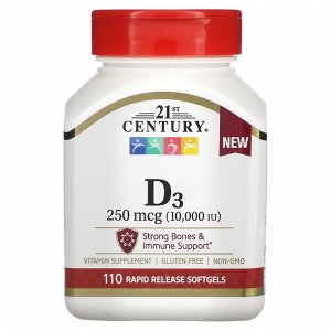 21st Century, Витамин D3, 250 мкг (10 000 МЕ), 110 мягких таблеток