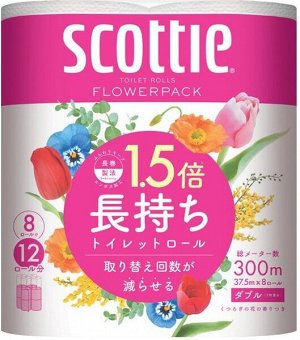 Мягкая туалетная бумага Crecia "Scottie Flower PACK 1.5" плотной намотки, двухслойная 8 рулонов (37,5 м) / 8