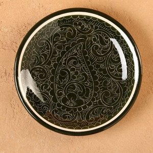 Тарелка Риштанская Керамика "Узоры", зелёная, плоская, 15 см