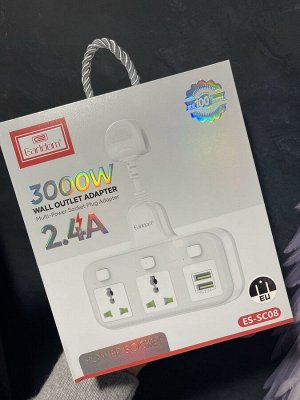 Удлинитель розетка сетевой фильтр USB зарядка 2х розетки (EU) + 2 USB 2.4A 3000W с кнопками включения