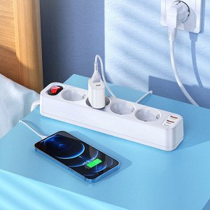 Удлинитель сетевой фильтр USB зарядка 4х розетки (EU) + 2 USB QC3 18W + 1 Type-C PD20W 4000W, 1,8м