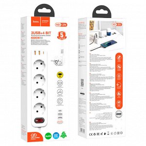 Удлинитель сетевой фильтр USB зарядка 4х розетки (EU) + 2 USB QC3 18W + 1 Type-C PD20W 4000W, 1,8м