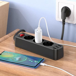 Удлинитель сетевой фильтр USB зарядка 3х розетки (EU) + 3 USB 2.4A 4000W, 1,8м