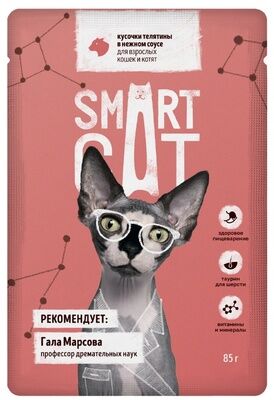 Влажный корм Smart Cat Паучи для взрослых кошек и котят кусочки телятины в нежном соусе . 0.085 кг. Россия