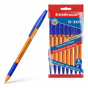 Набор ручек шариковых ErichKrause R-301 Orange Stick&Grip, 8 штук, узел 0.7 мм, цвет чернил синий, резиновый упор, корпус оранжевый