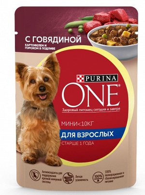 Влажный корм для собак Purina ONE Мини Взрослая для мелких пород с говядиной, картофелем и горохом в подливе 85 г