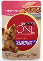 Влажный корм Purina ONE Мини Чувствительное пищеварение для взрослых собак мелких пород с чувствительным пищеварением, с лососем, рисом и морковью в подливе 85 г