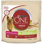 Сухой корм Purina ONE МИНИ Здоровый вес для собак, склонных к набору веса, с  индейкой и с рисом, Пакет, 1,5 кг