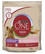 Сухой корм Purina ONE Мини Чувствительная для взрослых собак мелких пород с чувствительным пищеварением, с лососем и рисом, Пакет, 600 г