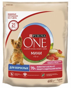 Сухой корм Purina ONE для взрослых собак мелких и карликовых пород с высоким содержанием говядины и рисом, Пакет, 600г