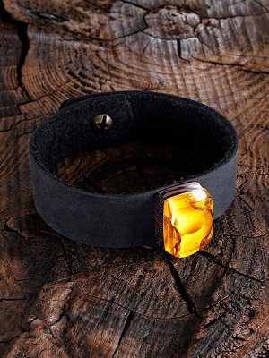 Чёрный кожаный браслет с натуральным балтийским янтарём «Индонезия»