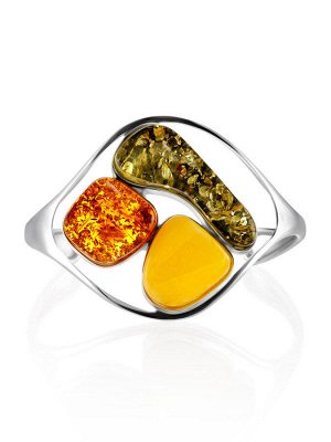 Эффектный браслет Bella Terra с янтарем зеленого, коньячного и медового цветов