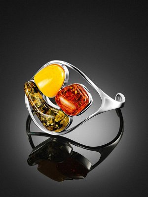 Эффектный браслет Bella Terra с янтарем зеленого, коньячного и медового цветов