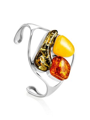 Эффектный браслет Bella Terra с янтарем зеленого, коньячного и медового цветов