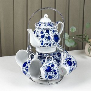 Сервиз керамический чайный Доляна «Русский узор»,13 предметов на подставке: 6 чашек 210 мл, 6 блюдец, чайник