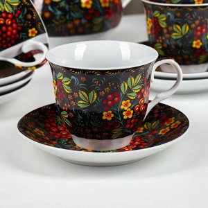 Сервиз керамический чайный Доляна «Хохлома», 13 предметов: чайник 1 л, 6 чашек 210 мл, 6 блюдец, на подставке
