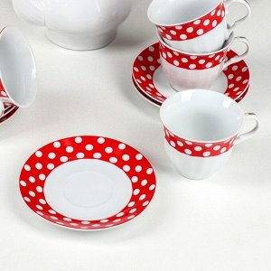 Сервиз керамический чайный Доляна «Горох»,13 предметов на подставке: 6 чашек 210 мл, 6 блюдец, чайник 950 мл, цвет красный