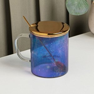 Кружка стеклянная с керамической крышкой и ложкой «Созвездие», 370 мл, цвет МИКС