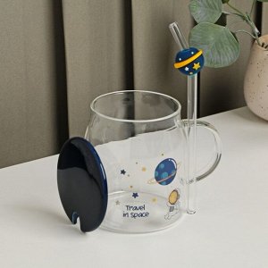 Кружка стеклянная с керамической крышкой и трубочкой «Космос», 500 мл, 12?8,2?11 см, цвет МИКС