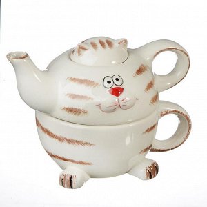 MILLIMI Веселый кот Чайник заварочный с кружкой, 310мл (чайник), 310мл (кружка), керамика