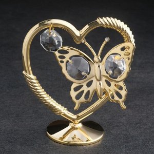 Сувенир "Сердце с бабочкой", с 3-мя хрусталиками, позолоченное