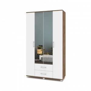 Шкаф 4-х створчатый с зеркалом и 2 ящиками Карина К43 1200x420x2100 Табачный дуб/белый