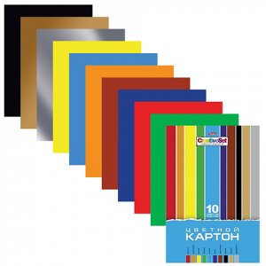 Цветной картон А4 МЕЛОВАННЫЙ, 10л., 10цв., HATBER, Creative,
