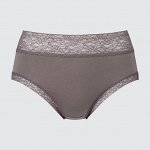 UNIQLO - завышенные однотонные хлопковые трусики с кружевом - коричневые