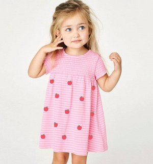 Детское платье в горизонтальную полоску, с коротким рукавом, принт "Красные яблоки", цвет розовый