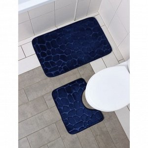 Набор ковриков для ванной и туалета Доляна «Камни», объёмные, 2 шт, 40x50 см, 50x80 см, цвет синий