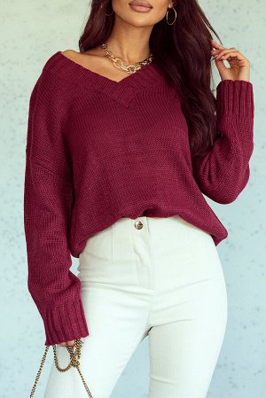 Бордовый вязаный свитер оверсайз с V-образным вырезом