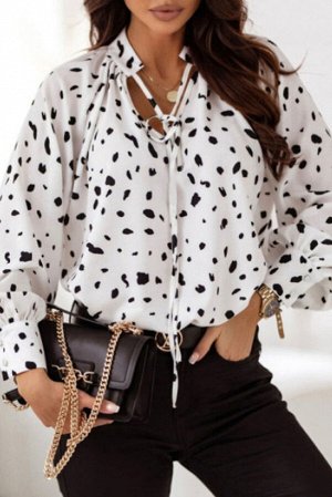 Белая леопардовая блузка с рукавом-фонарик и V-образным вырезом
