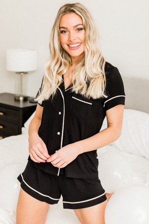 Black Contrast Stripes Accent Button Front Short Sleeves Pajamas Set