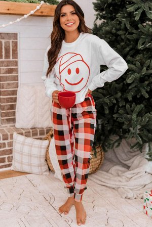 Красно-белый комплект в клеточку с рождественским принтом: брюки + футболка с длинным рукавом