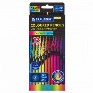 Карандаши цветные BRAUBERG NEON, 12 неоновых цветов, черное дерево, трёхгранные, 181852