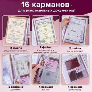 Папка для семейных документов с файлами (паспорта, свид-ва, полисы, СНИЛС), бежевая, STAFF, 237808
