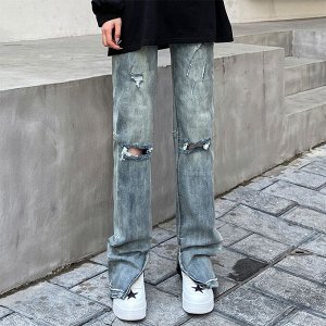 Рваные джинсы, широкие, прямого фасона, женские, цвет синий ретро