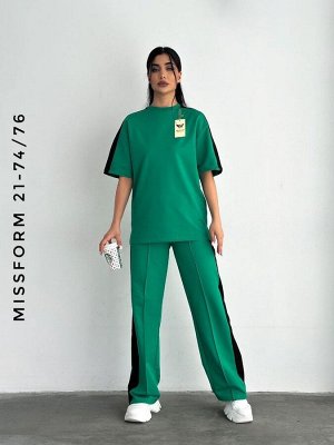 MissForm Костюм брюки палаццо  с футболкой, хлопок, зеленый