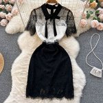 Платье двухцветное кружевное с воротничком и галстуком, черно-белый