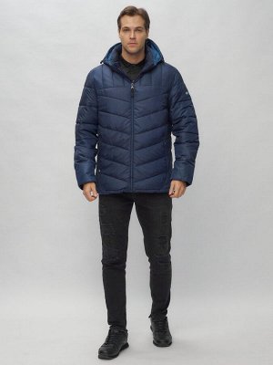 Куртка спортивная мужская с капюшоном темно-синего цвета 62177TS