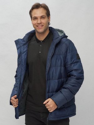 Куртка спортивная мужская с капюшоном темно-синего цвета 62179TS