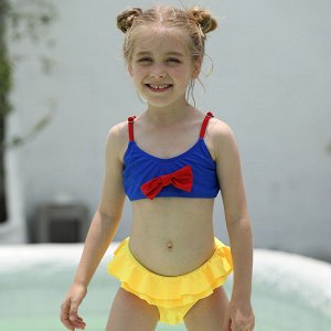 Раздельный купальник для девочки, цвет синий верх с красным бантиком, желтый низ