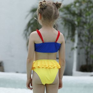 Раздельный купальник для девочки, цвет синий верх с красным бантиком, желтый низ